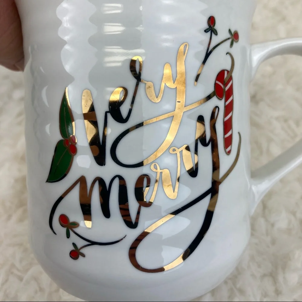Pier 1 Stoneware Very Merry Candy Cane & Holly Coffee Mug 16oz. Christmas